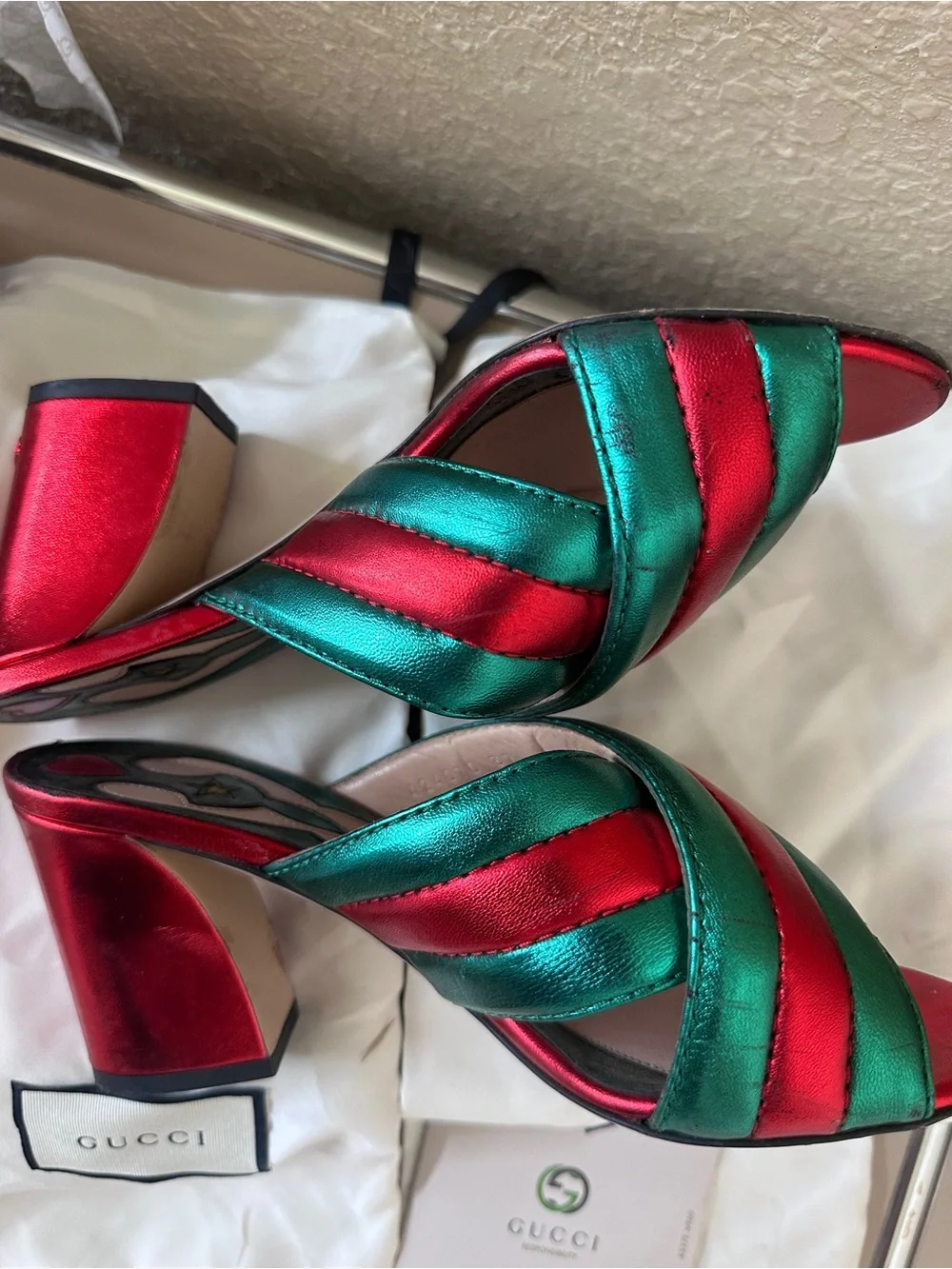 Gucci Metallic Teal and Fuchsia Crisscross Slide Mules - Picture 9 of 16